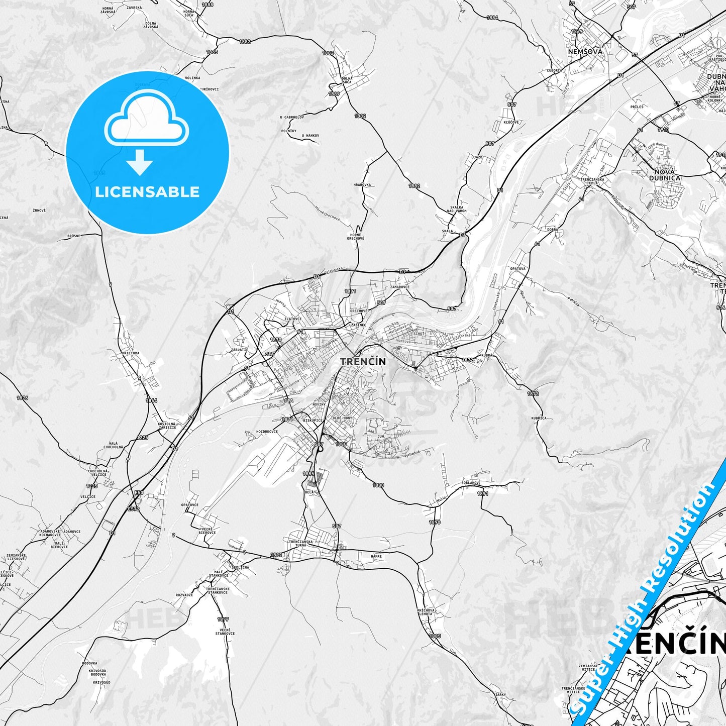 Trenčín, Slovakia light map with streetnames, citynames and districts