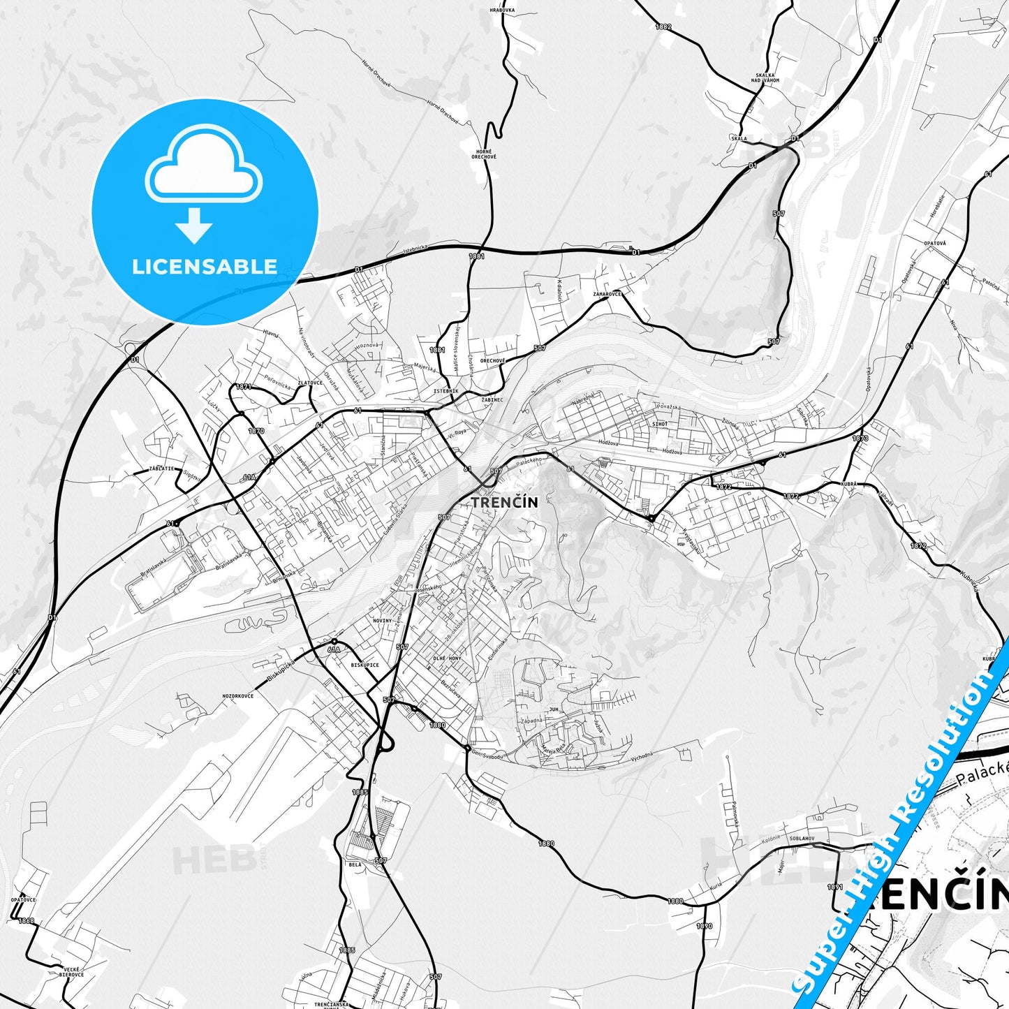 Trenčín, Slovakia Light Map with Street Names, City Names, and Districts