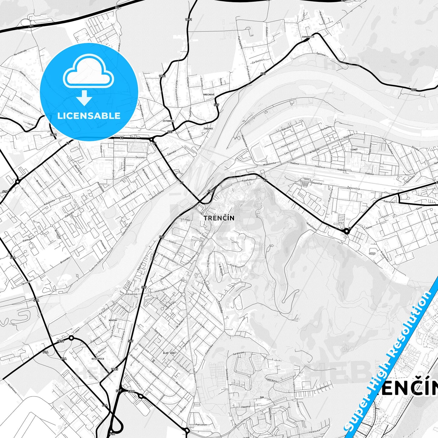 Trenčín, Slovakia Light Map with Street Names, City Names, and Districts