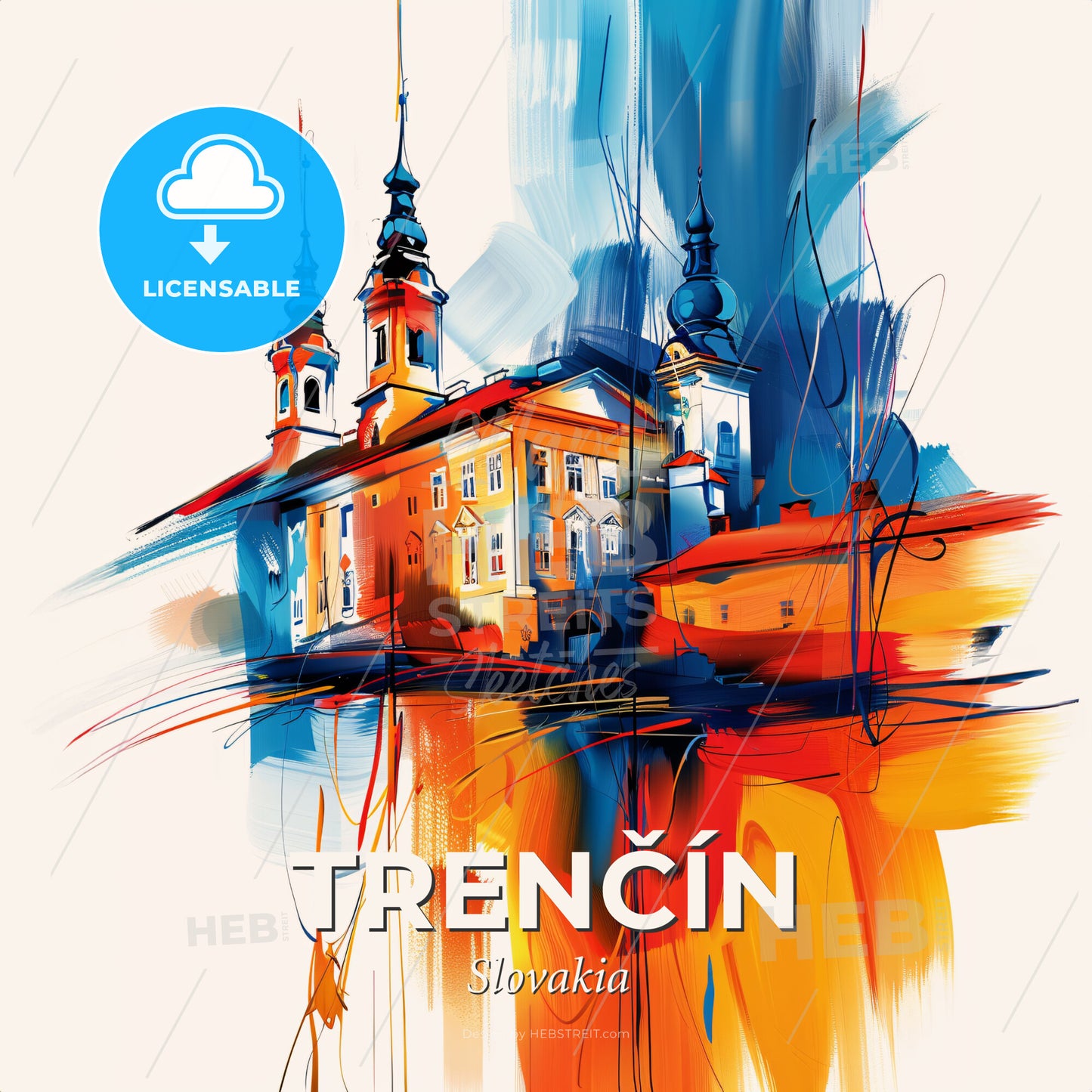 Vibrant Trenčín, Slovakia - A Painting Of A Building With Towers - Square format print template