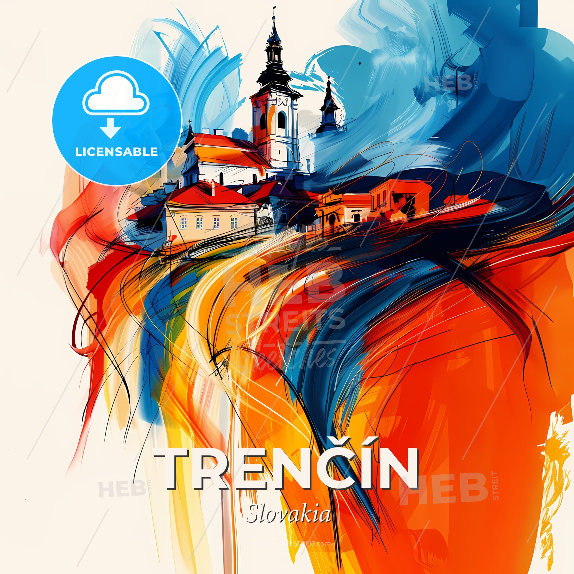 Vibrant Trenčín, Slovakia - A Painting Of A Town - Square format print template