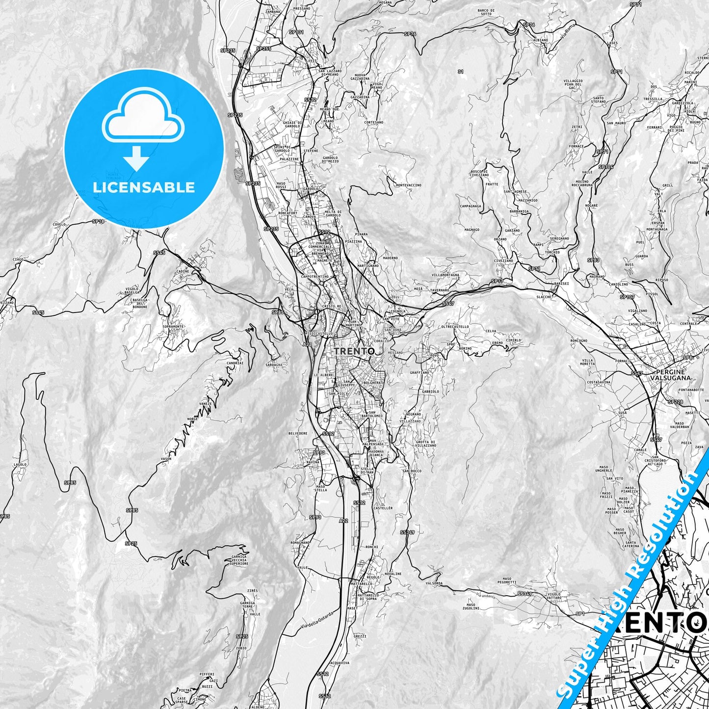 Trento, Italy light map with streetnames, citynames and districts