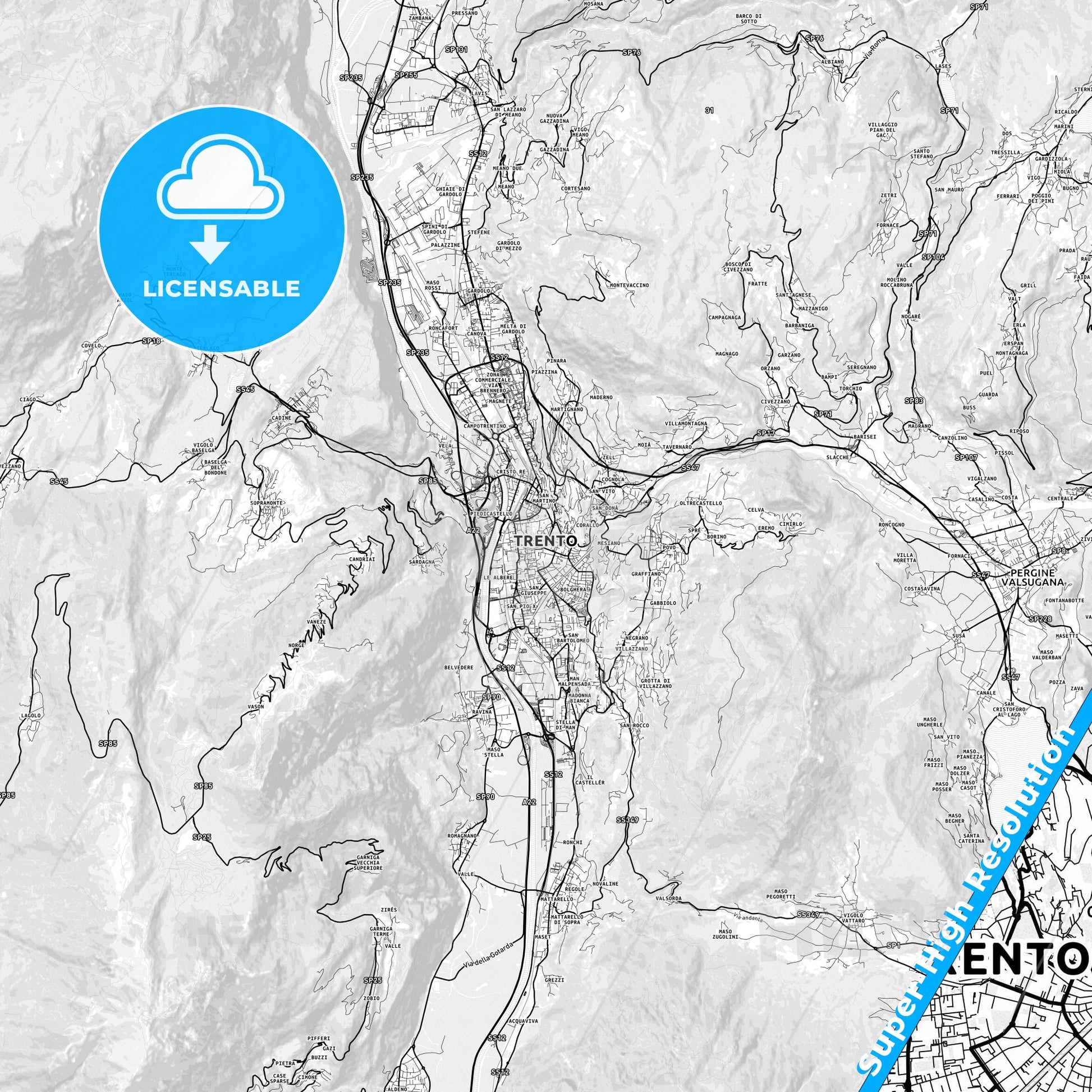 Trento, Italy light map with streetnames, citynames and districts