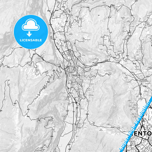 Trento, Italy light map with streetnames, citynames and districts