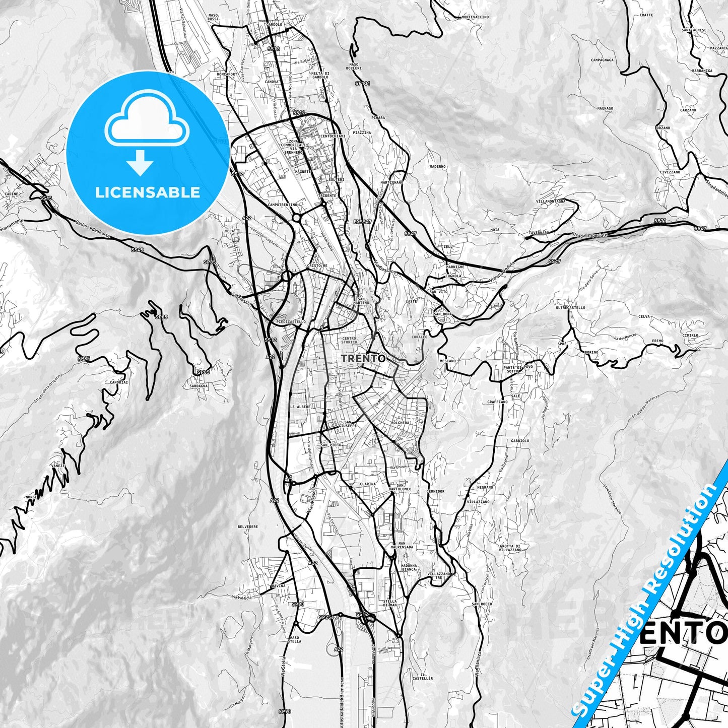 Trento, Italy Light Map with Street Names, City Names, and Districts