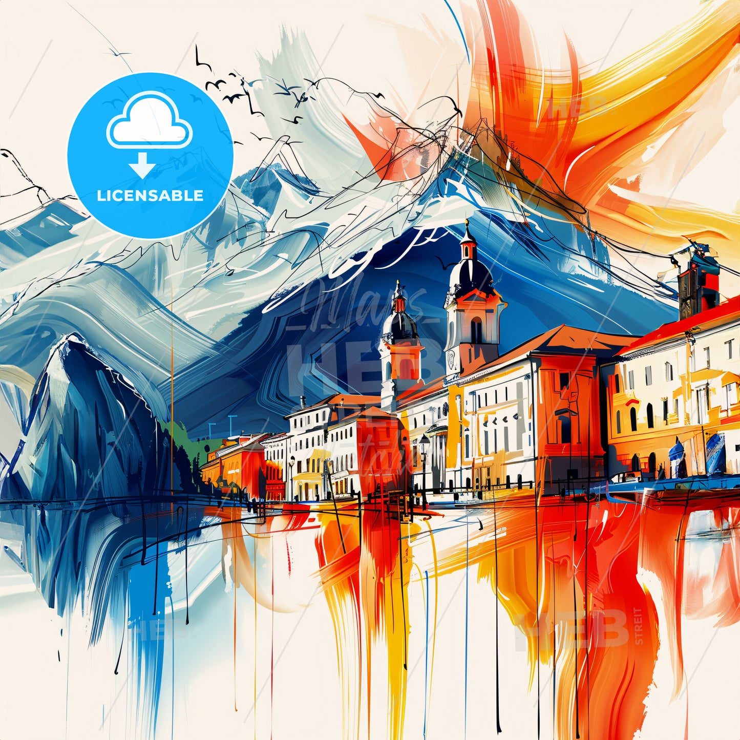 Vibrant Trento, Italy - A Painting Of A Town With Mountains In The Background