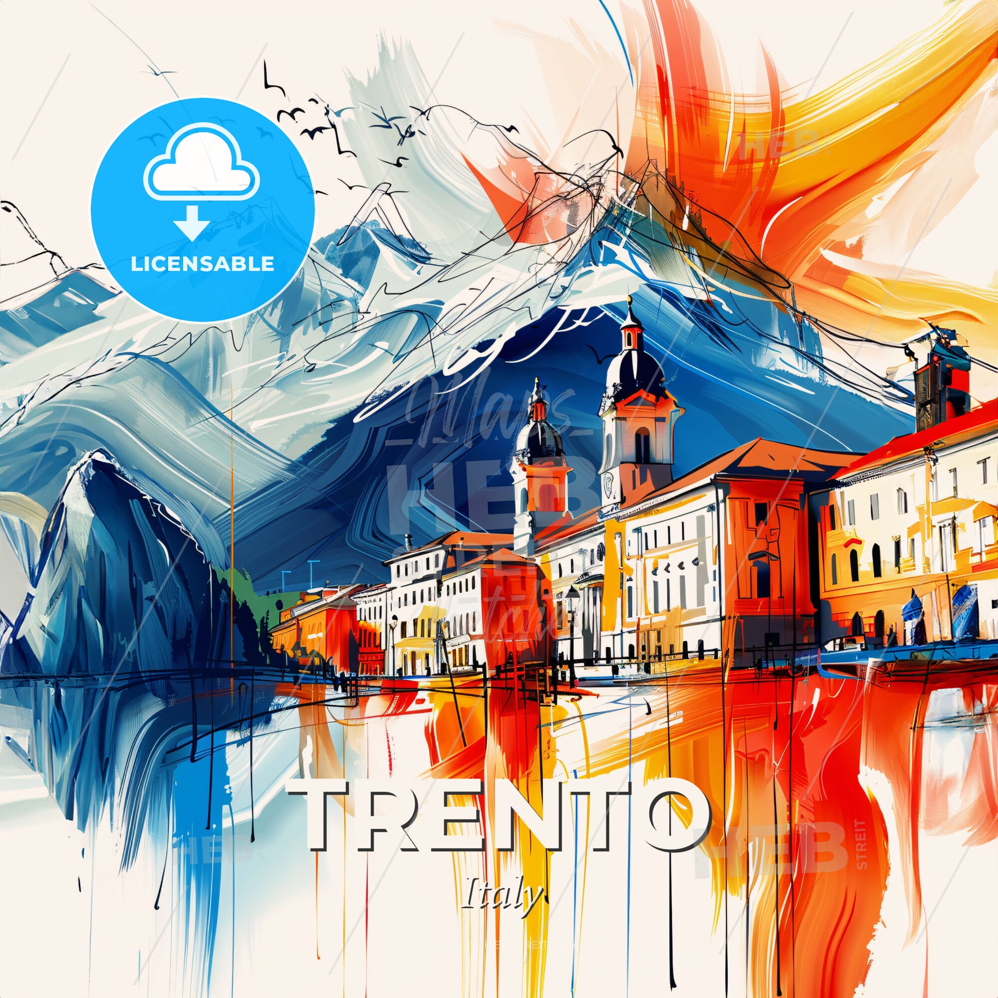 Vibrant Trento, Italy - A Painting Of A Town With Mountains In The Background - Square format print template