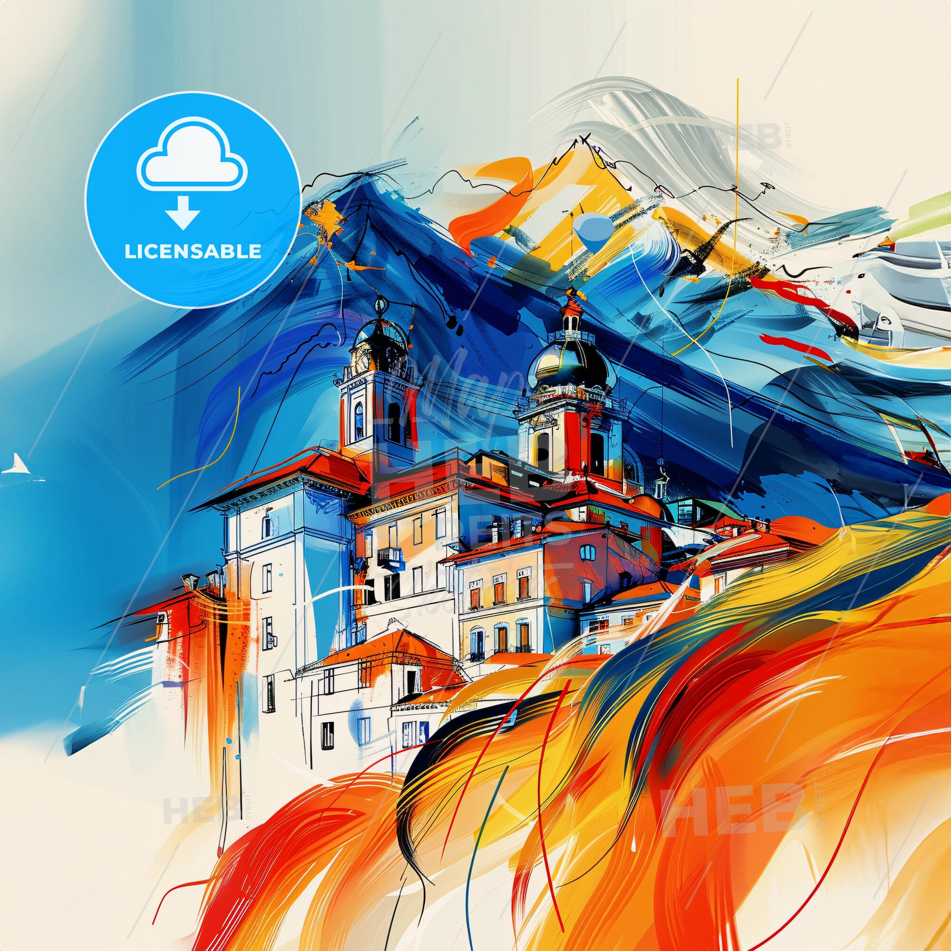 Vibrant Trento, Italy - A Painting Of A Building With Mountains In The Background