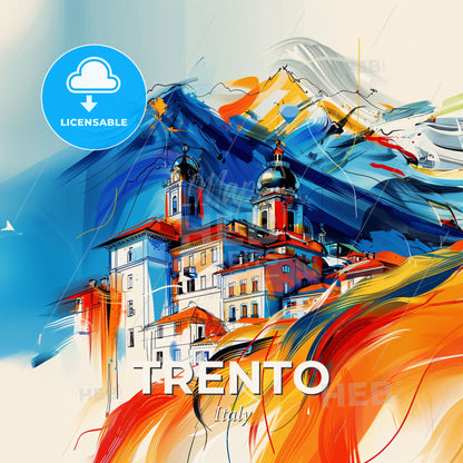 Vibrant Trento, Italy - A Painting Of A Building With Mountains In The Background - Square format print template
