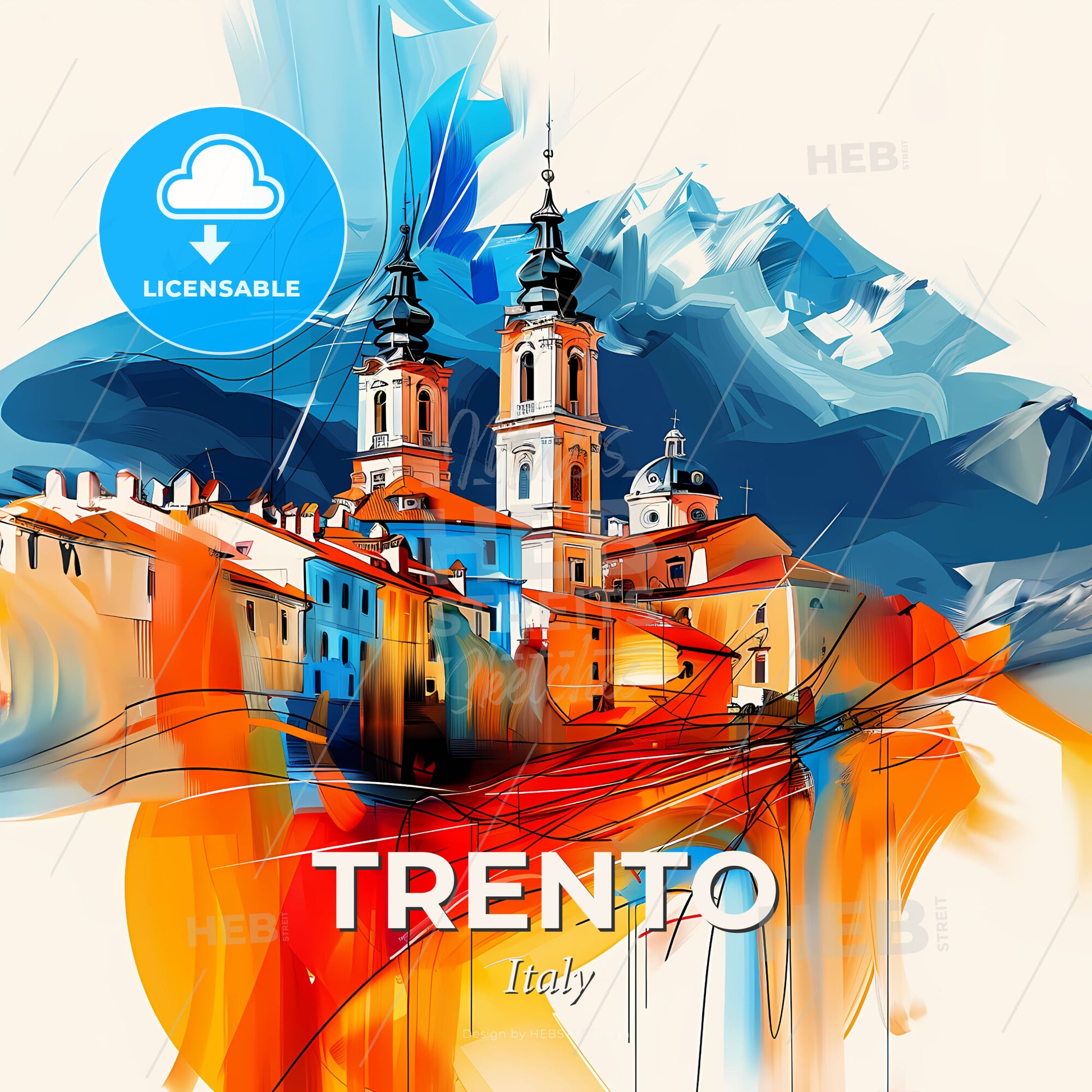 Vibrant Trento, Italy - A Painting Of A Building With Towers And Mountains In The Background - Square format print template