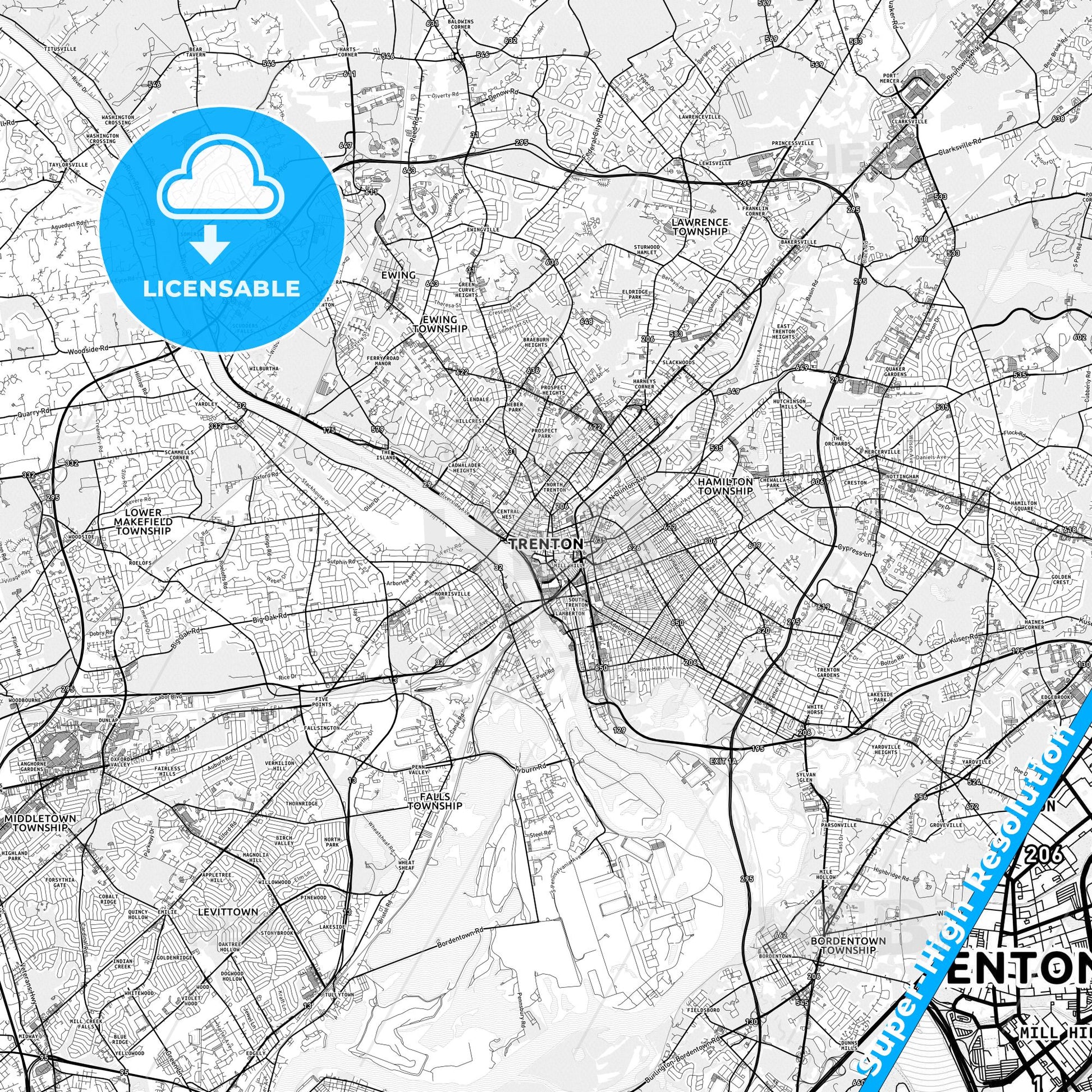 Trenton, New Jersey light map with streetnames, citynames and districts