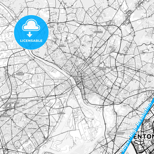 Trenton, New Jersey light map with streetnames, citynames and districts