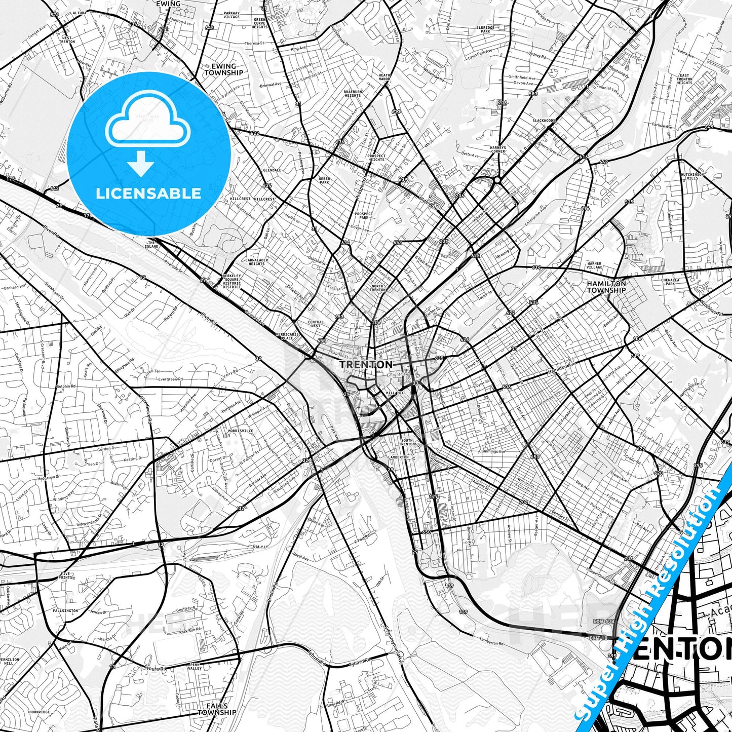 Trenton, New Jersey Light Map with Street Names, City Names, and Districts