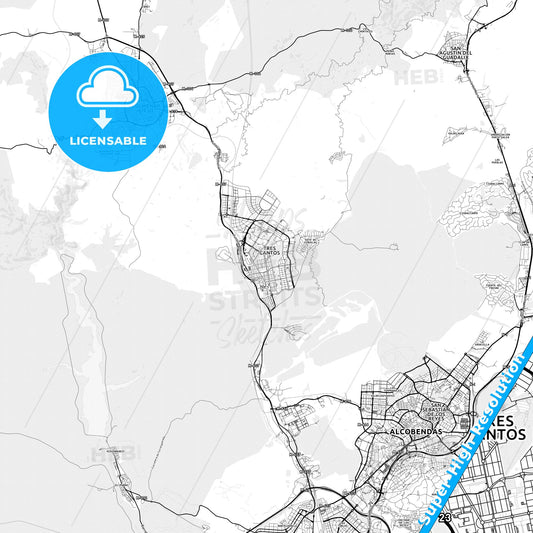 Tres Cantos, Spain light map with streetnames, citynames and districts