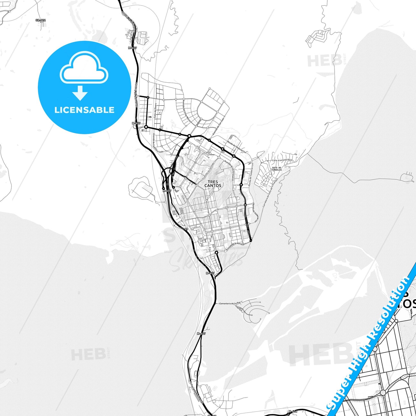 Tres Cantos, Spain Light Map with Street Names, City Names, and Districts
