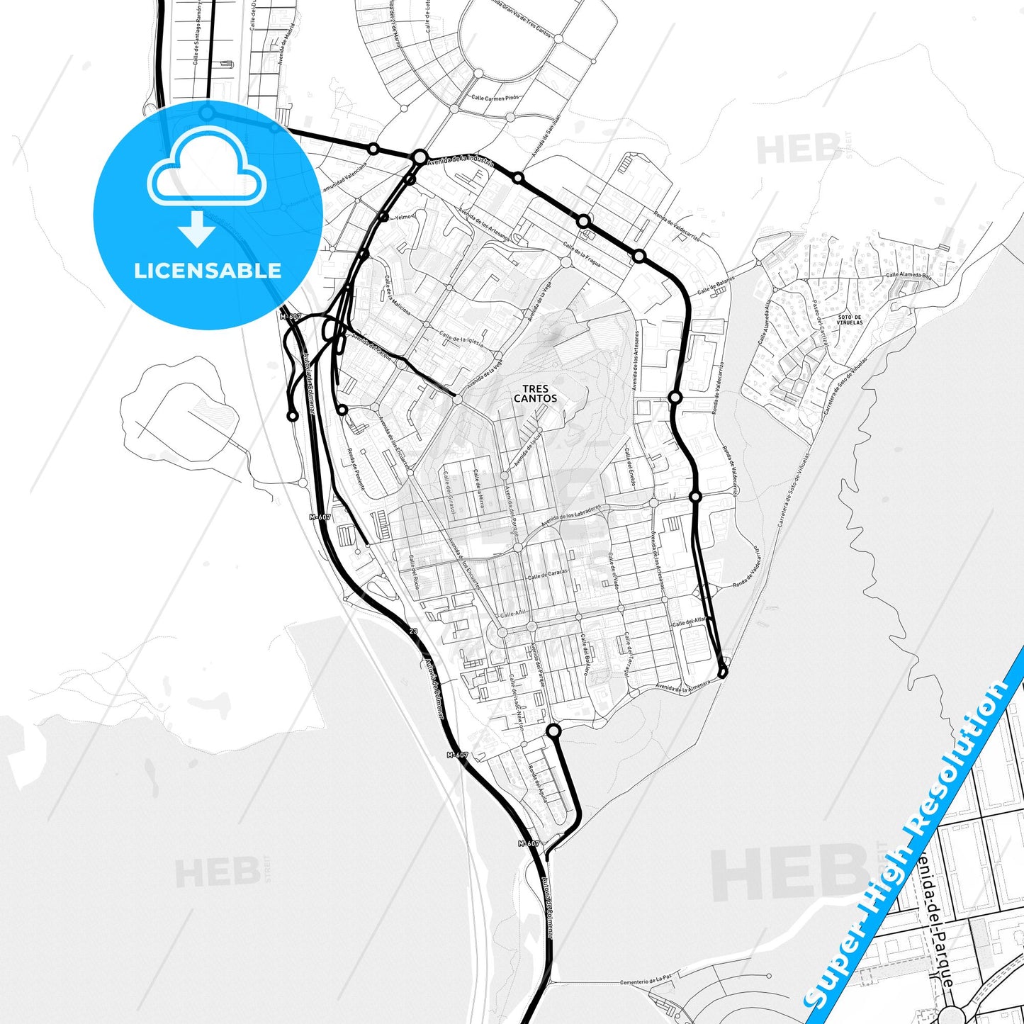 Tres Cantos, Spain Light Map with Street Names, City Names, and Districts