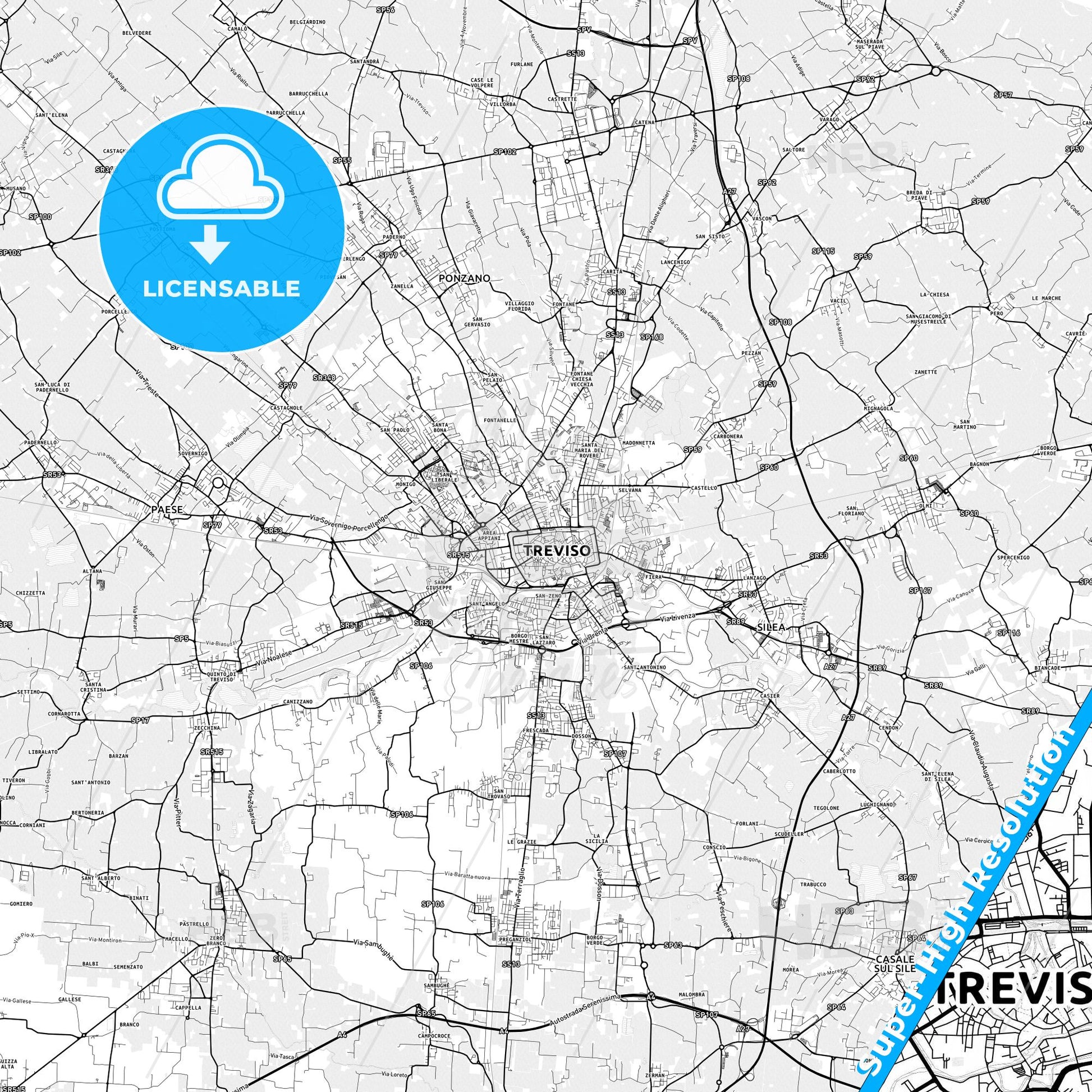 Treviso, Italy light map with streetnames, citynames and districts