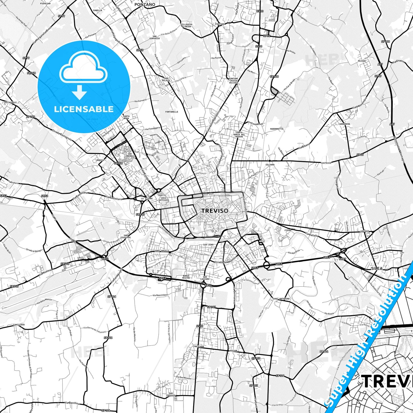Treviso, Italy Light Map with Street Names, City Names, and Districts