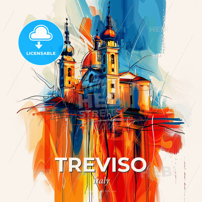 Vibrant Treviso, Italy - A Painting Of A Building With A Colorful Background - Square format print template