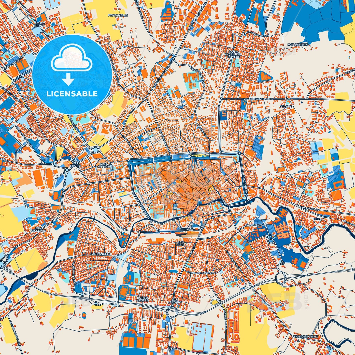Colorful Treviso Street Map with Labels and Buildings
