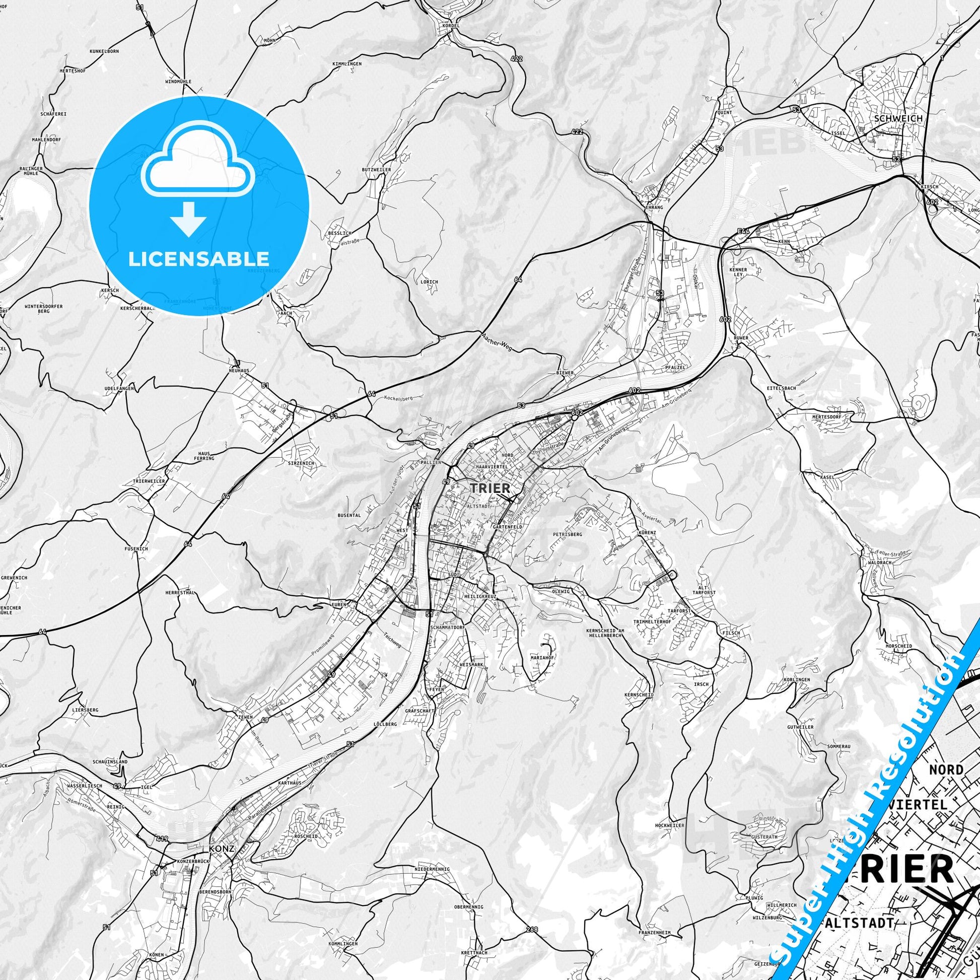 Trier, Germany light map with streetnames, citynames and districts