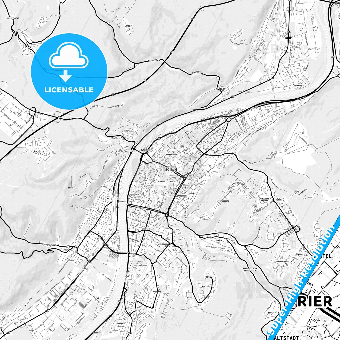 Trier, Germany Light Map with Street Names, City Names, and Districts