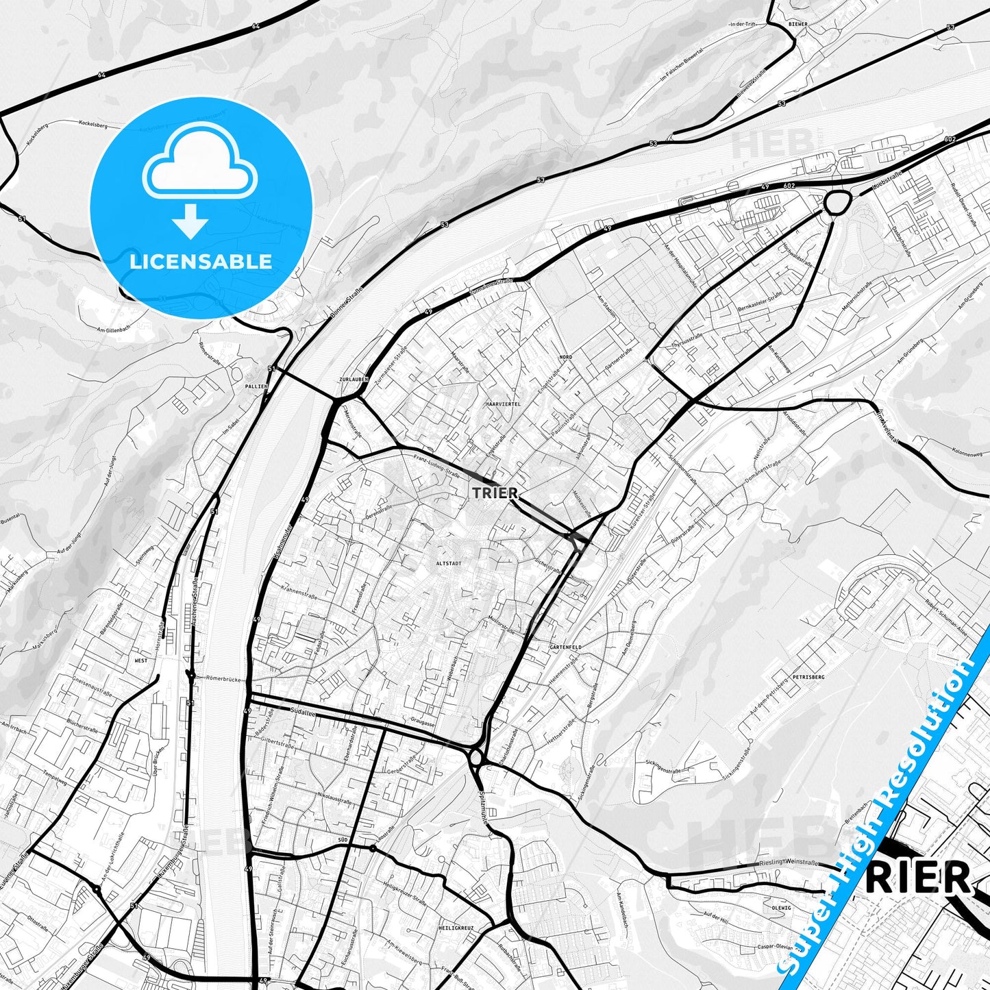 Trier, Germany Light Map with Street Names, City Names, and Districts