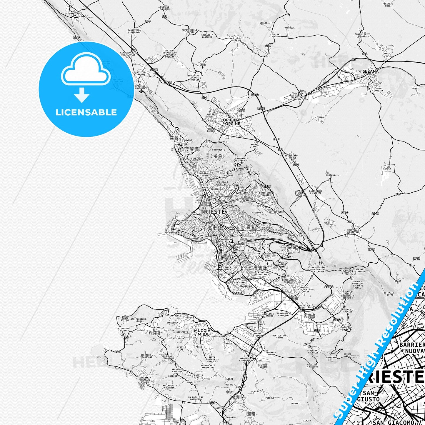 Trieste, Italy light map with streetnames, citynames and districts