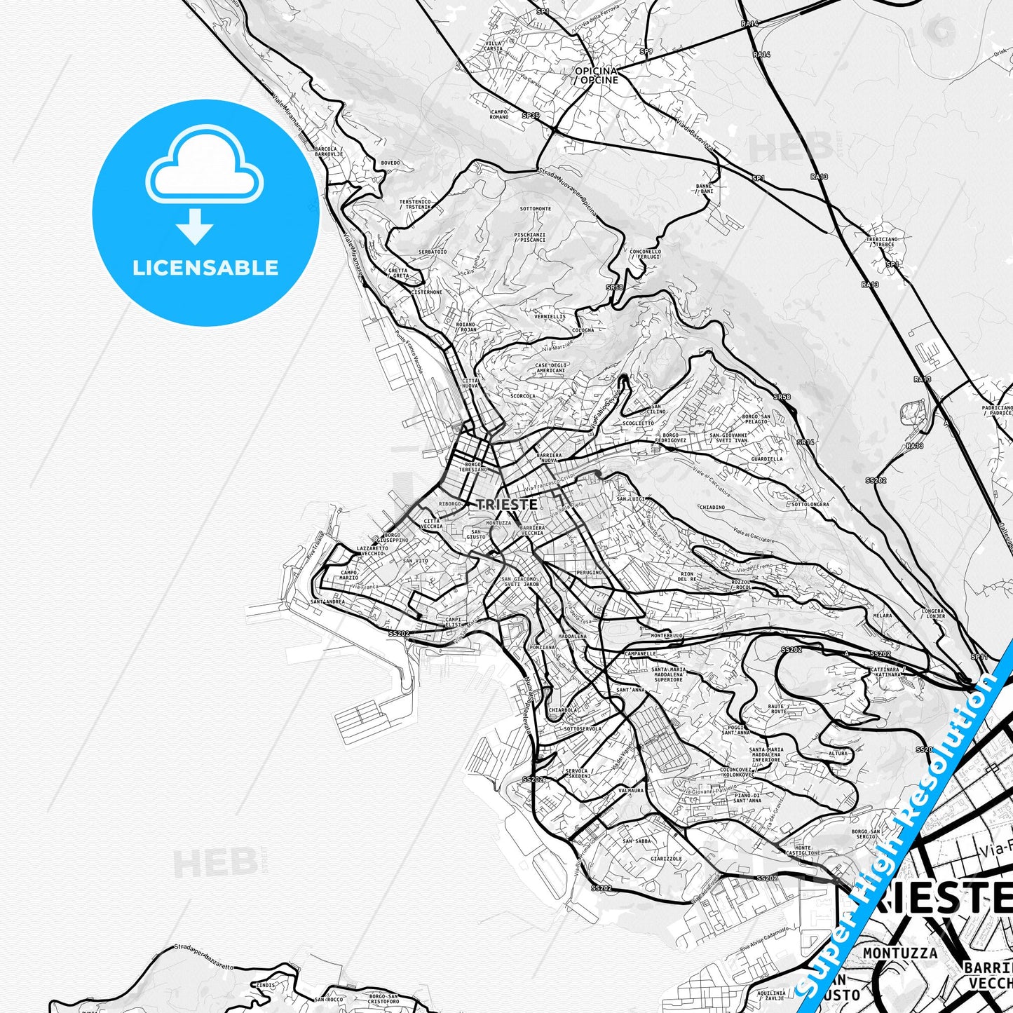 Trieste, Italy Light Map with Street Names, City Names, and Districts