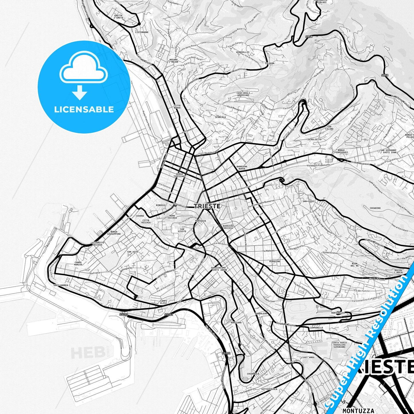 Trieste, Italy Light Map with Street Names, City Names, and Districts