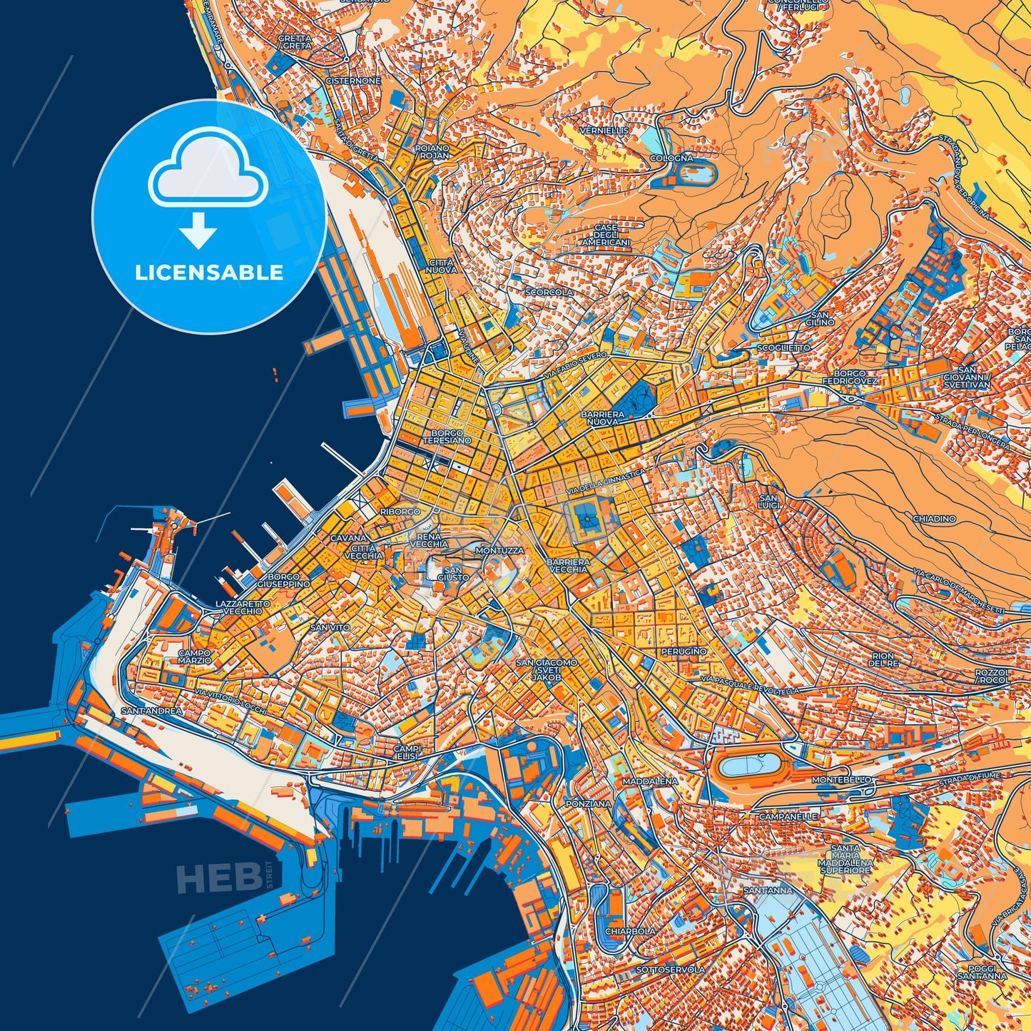 Colorful Trieste Street Map with Labels and Buildings