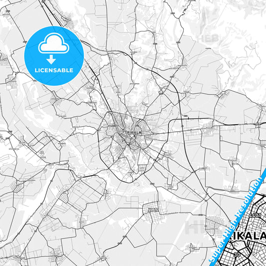 Trikala, Greece light map with streetnames, citynames and districts