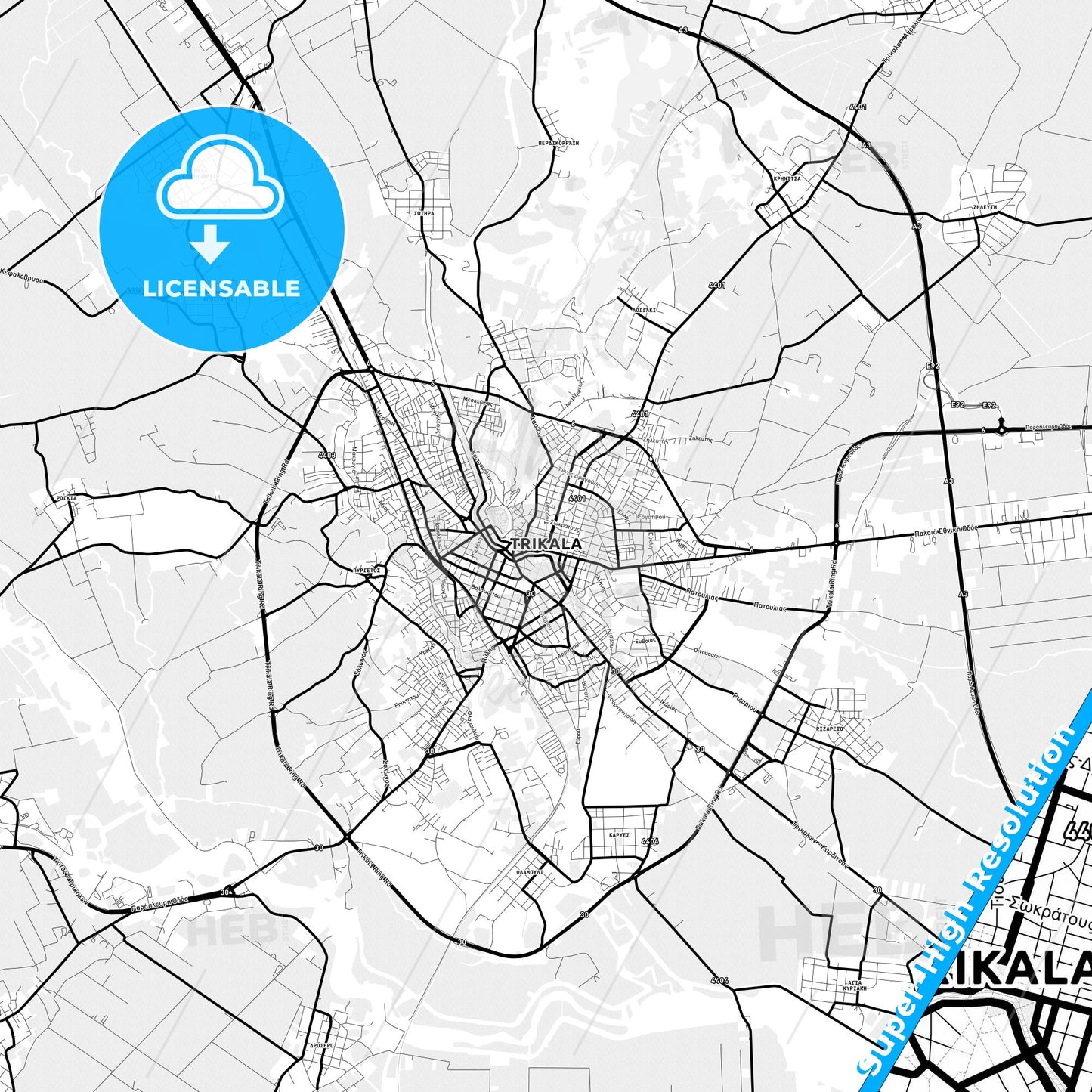 Trikala, Greece Light Map with Street Names, City Names, and Districts