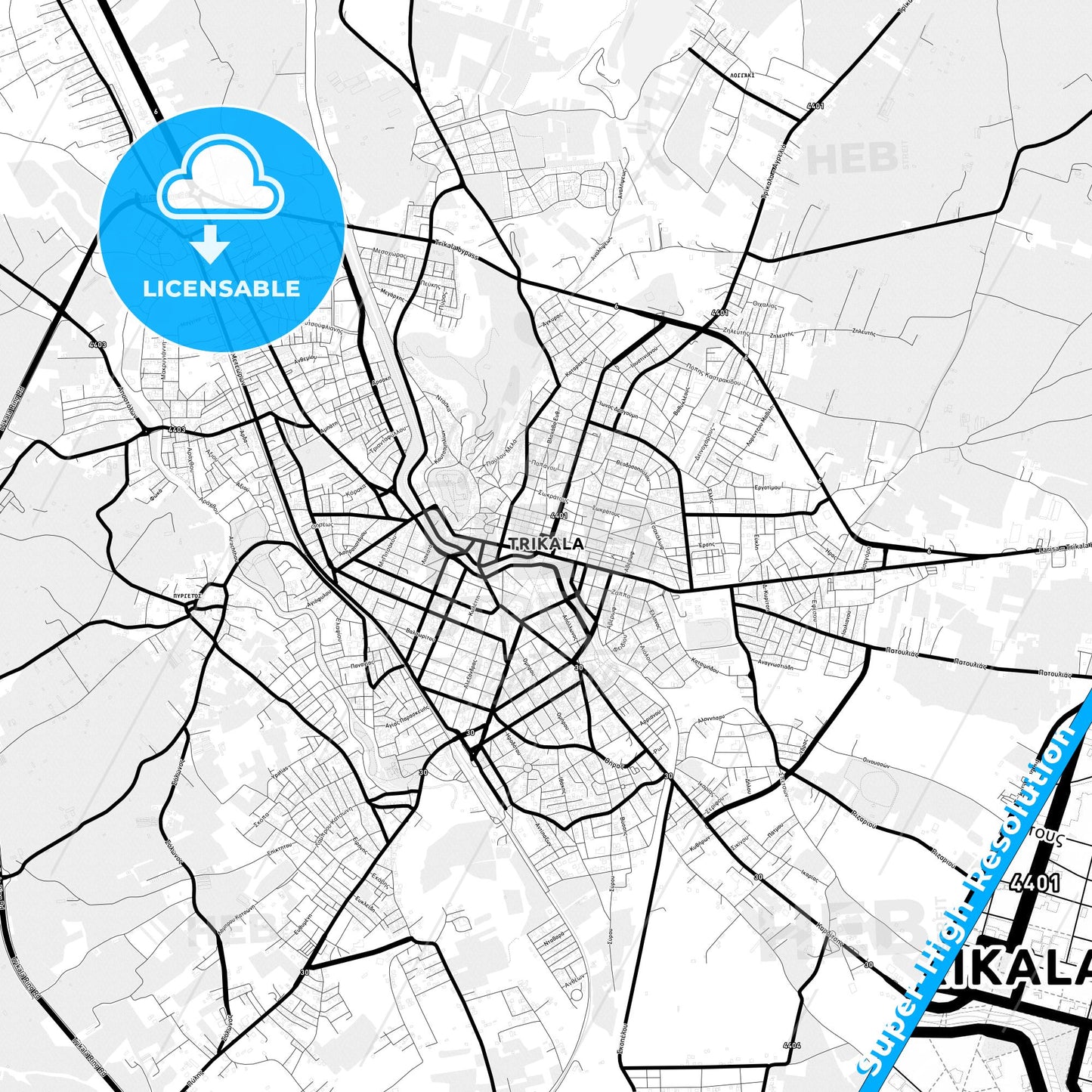 Trikala, Greece Light Map with Street Names, City Names, and Districts