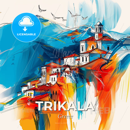Vibrant Trikala, Greece - A Painting Of A Town On A Hill - Square format print template