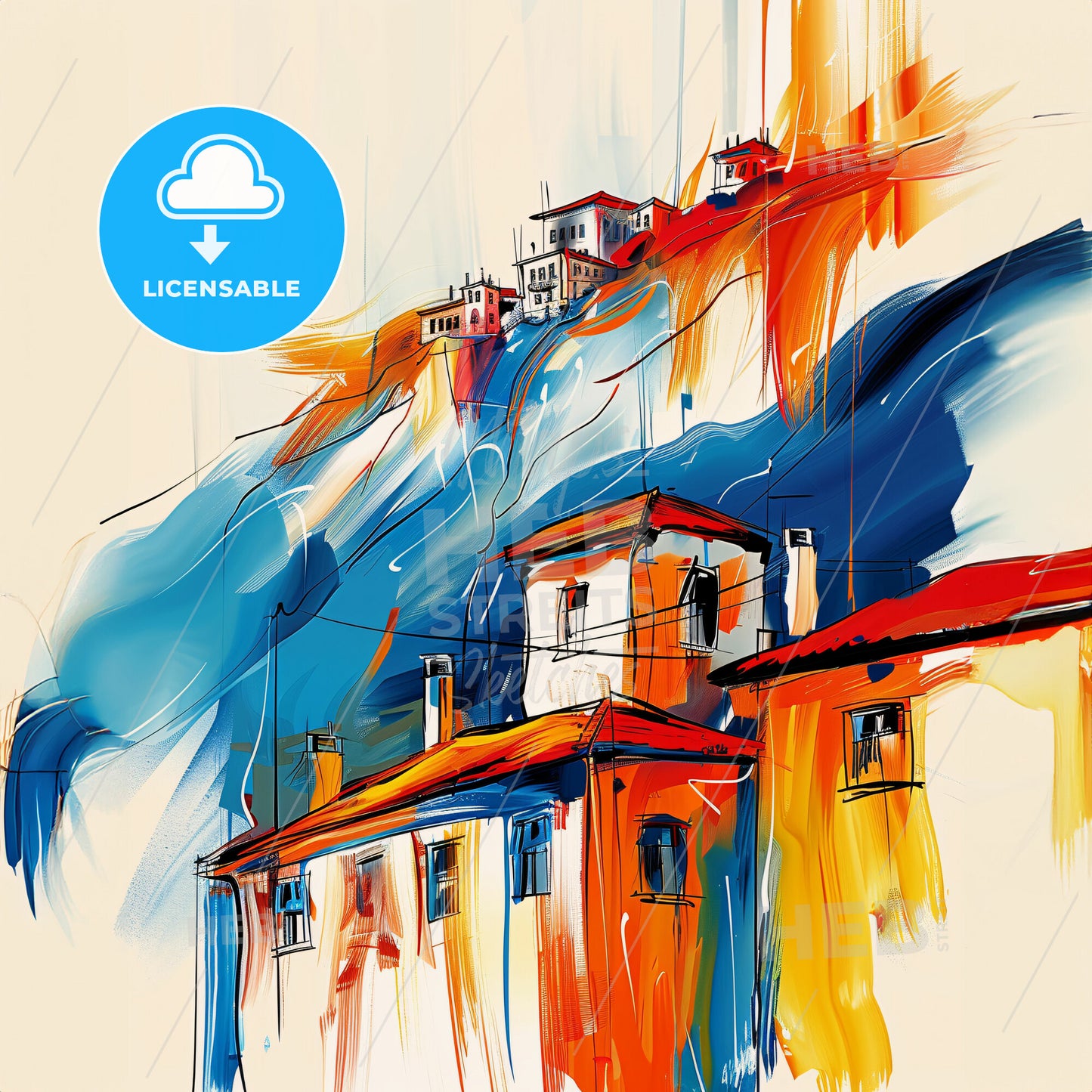 Vibrant Trikala, Greece - A Painting Of Buildings On A Hill