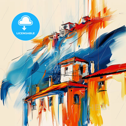 Vibrant Trikala, Greece - A Painting Of Buildings On A Hill