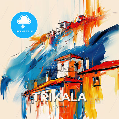 Vibrant Trikala, Greece - A Painting Of Buildings On A Hill - Square format print template