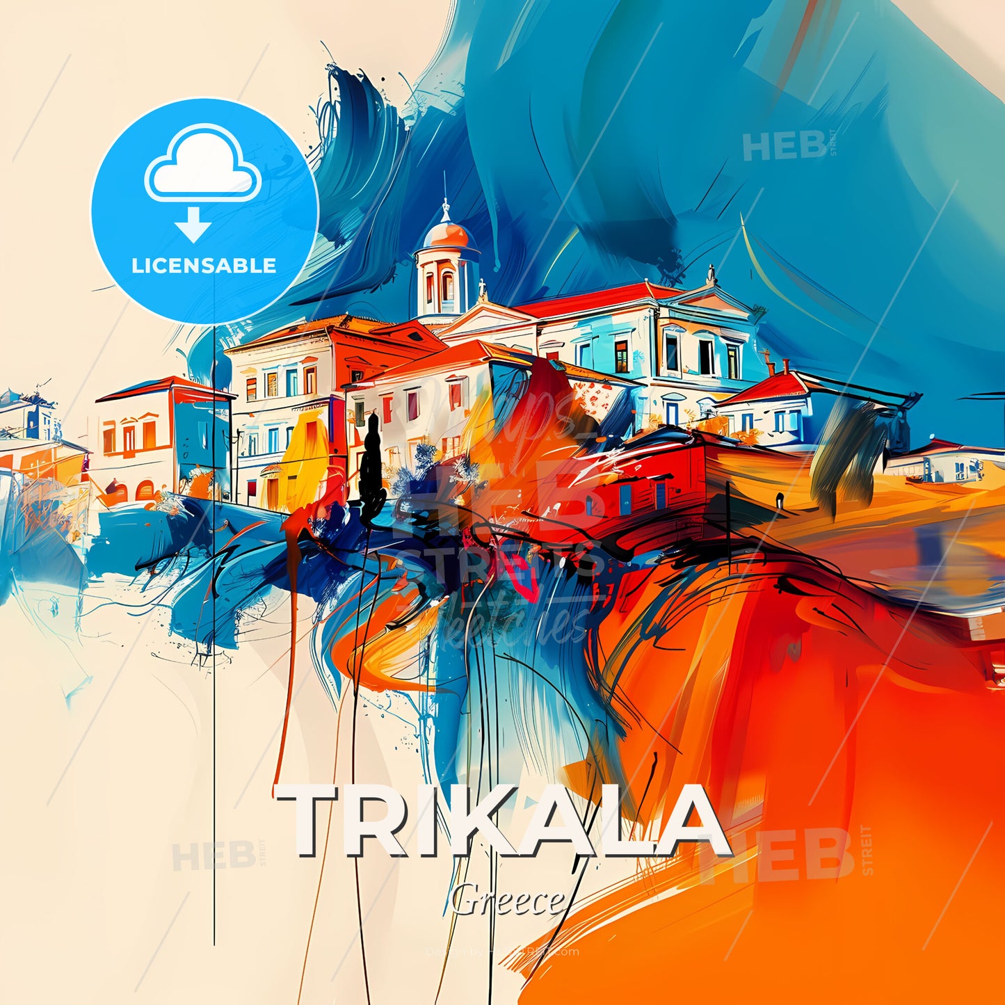 Vibrant Trikala, Greece - A Painting Of A Building - Square format print template