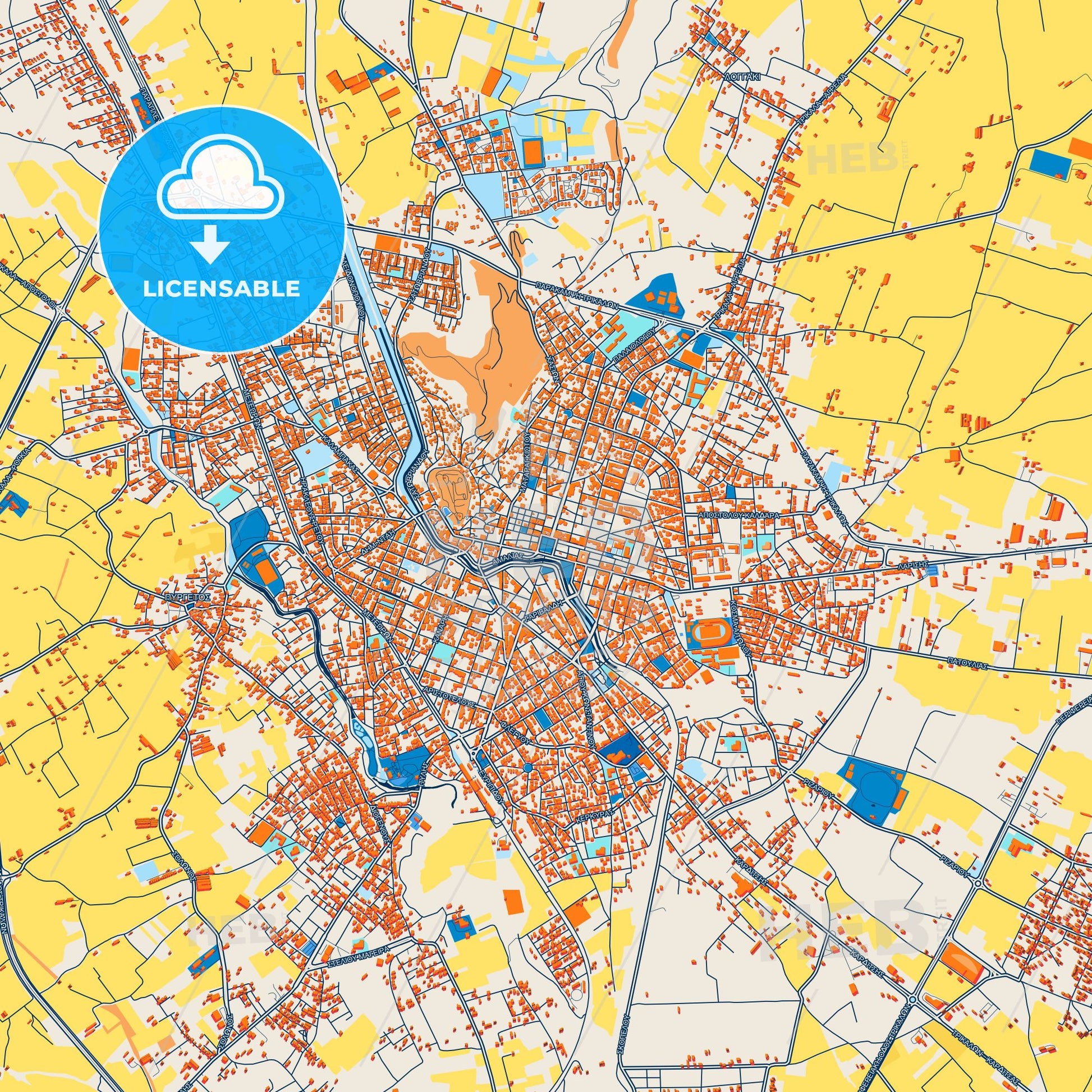 Colorful Trikala Street Map with Labels and Buildings