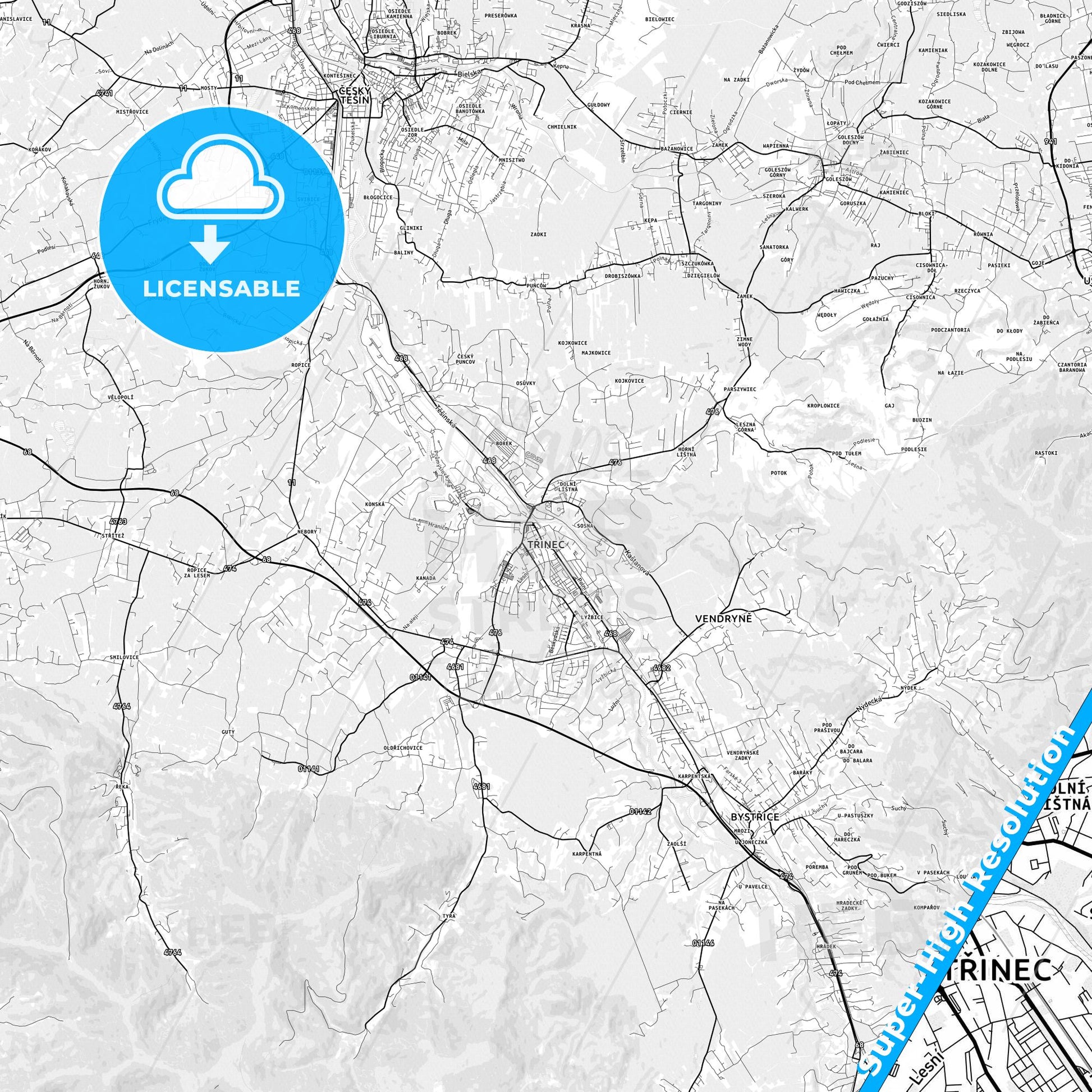 Třinec, Czechia light map with streetnames, citynames and districts