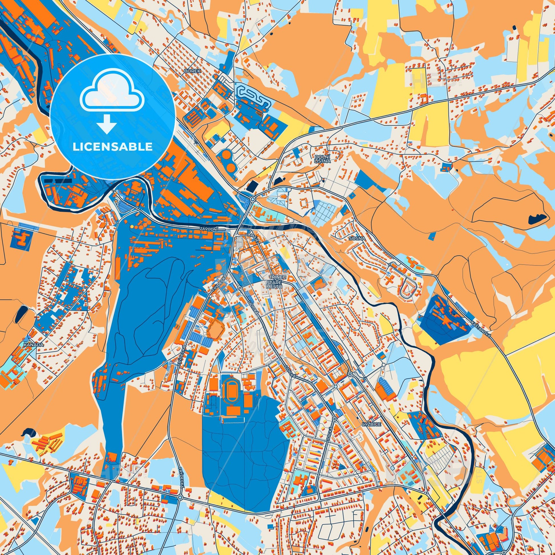 Colorful Třinec Street Map with Labels and Buildings
