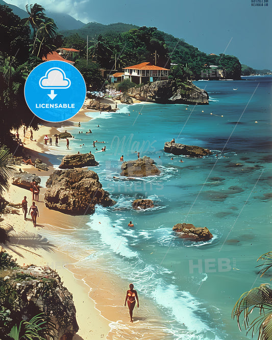 Artful Depiction of Trinidad and Tobago Beach Scene: Vibrant Colors and Caribbean Culture