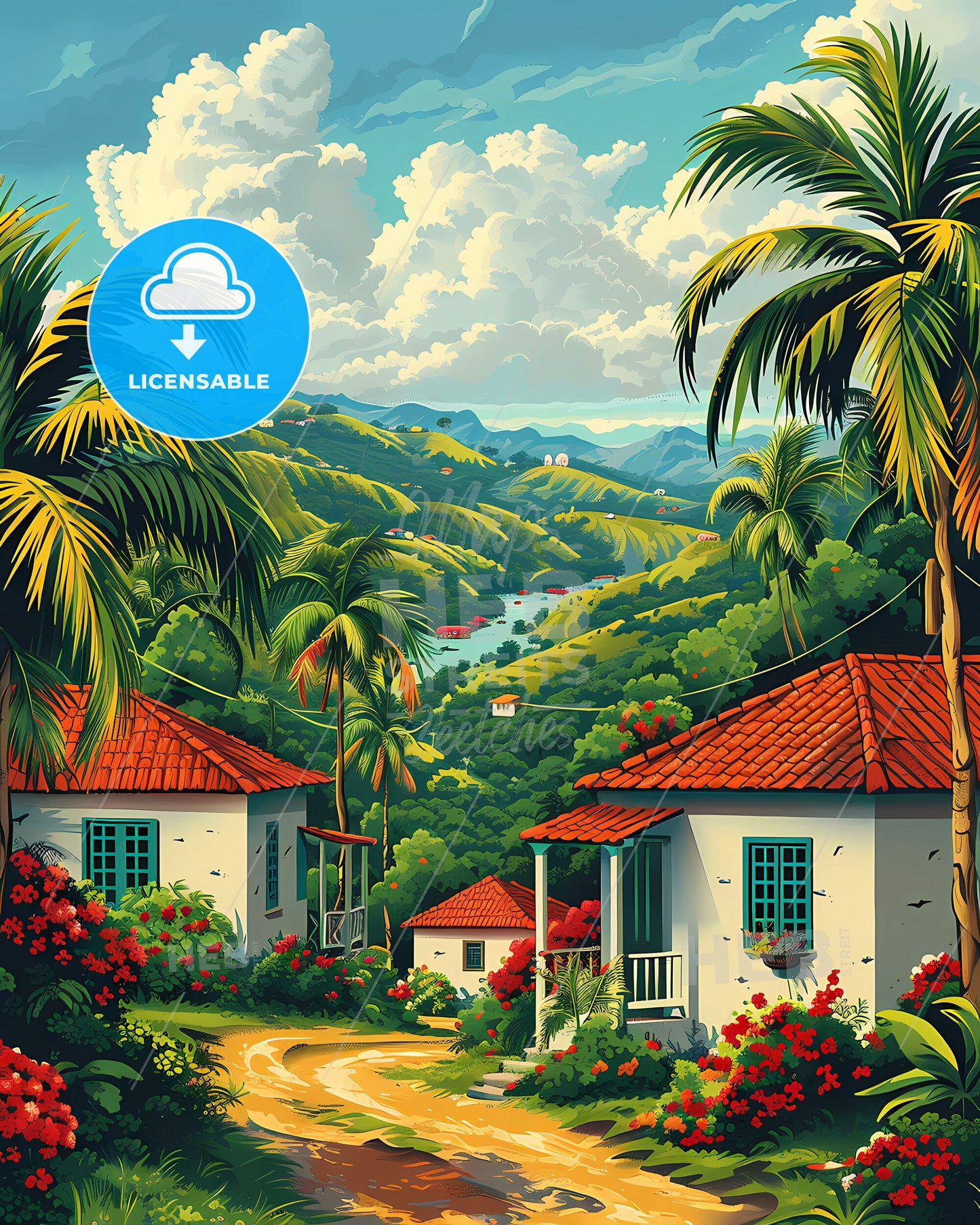 Vibrant Caribbean Village Artwork: Trinidad and Tobago, Tropical Houses and Trees