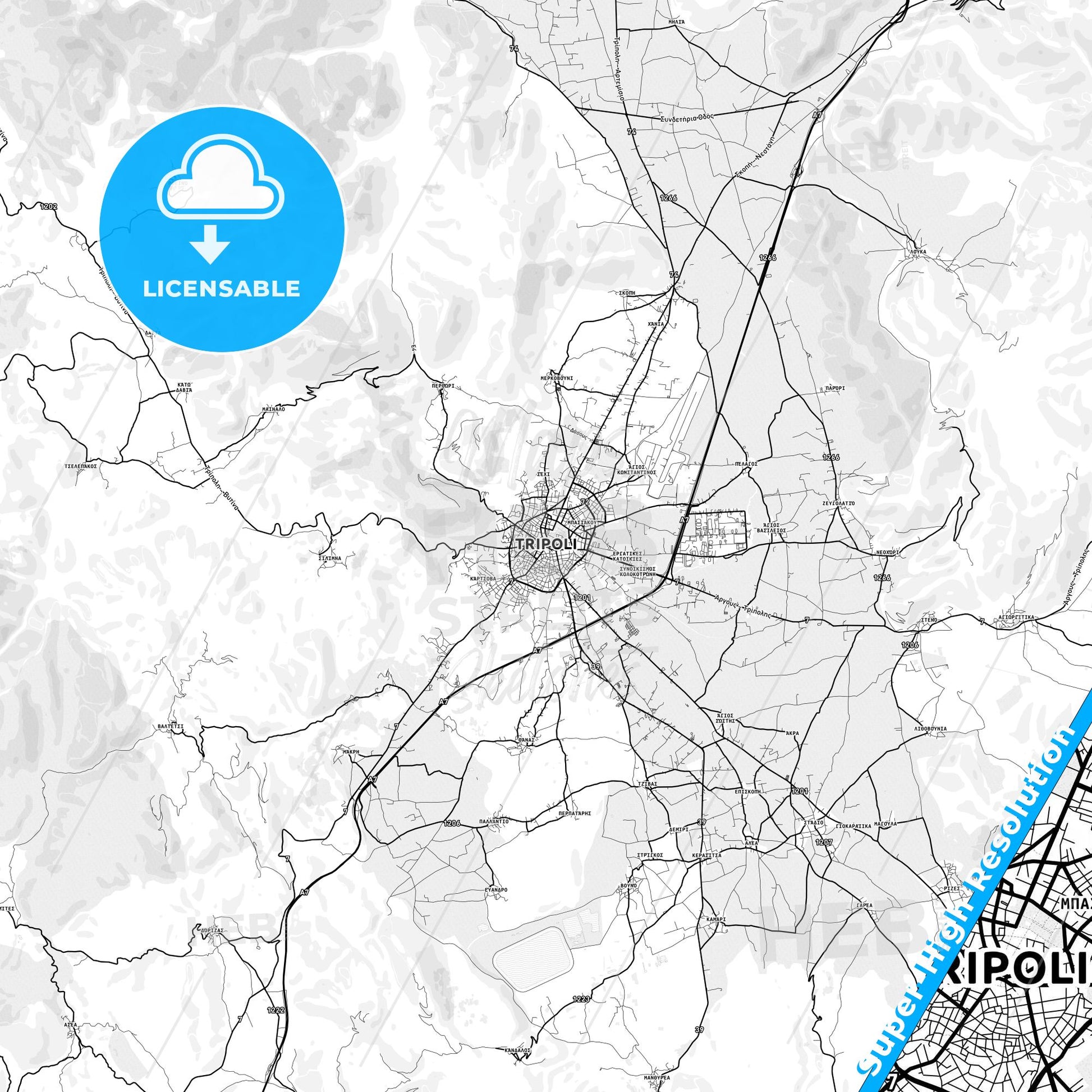 Tripoli, Greece light map with streetnames, citynames and districts