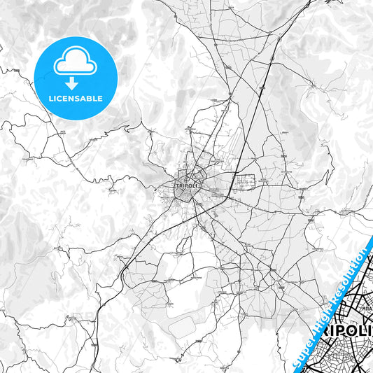 Tripoli, Greece light map with streetnames, citynames and districts