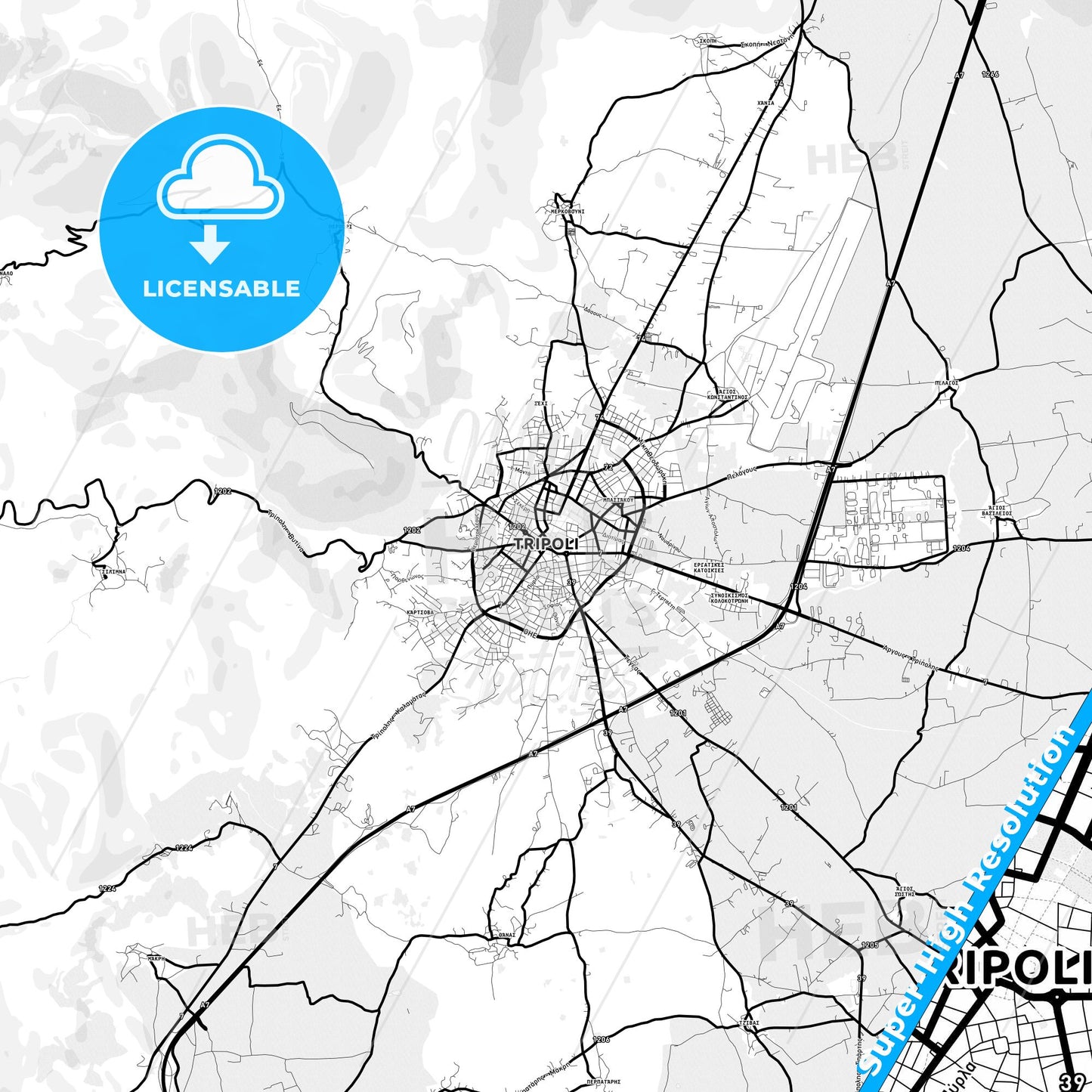 Tripoli, Greece Light Map with Street Names, City Names, and Districts