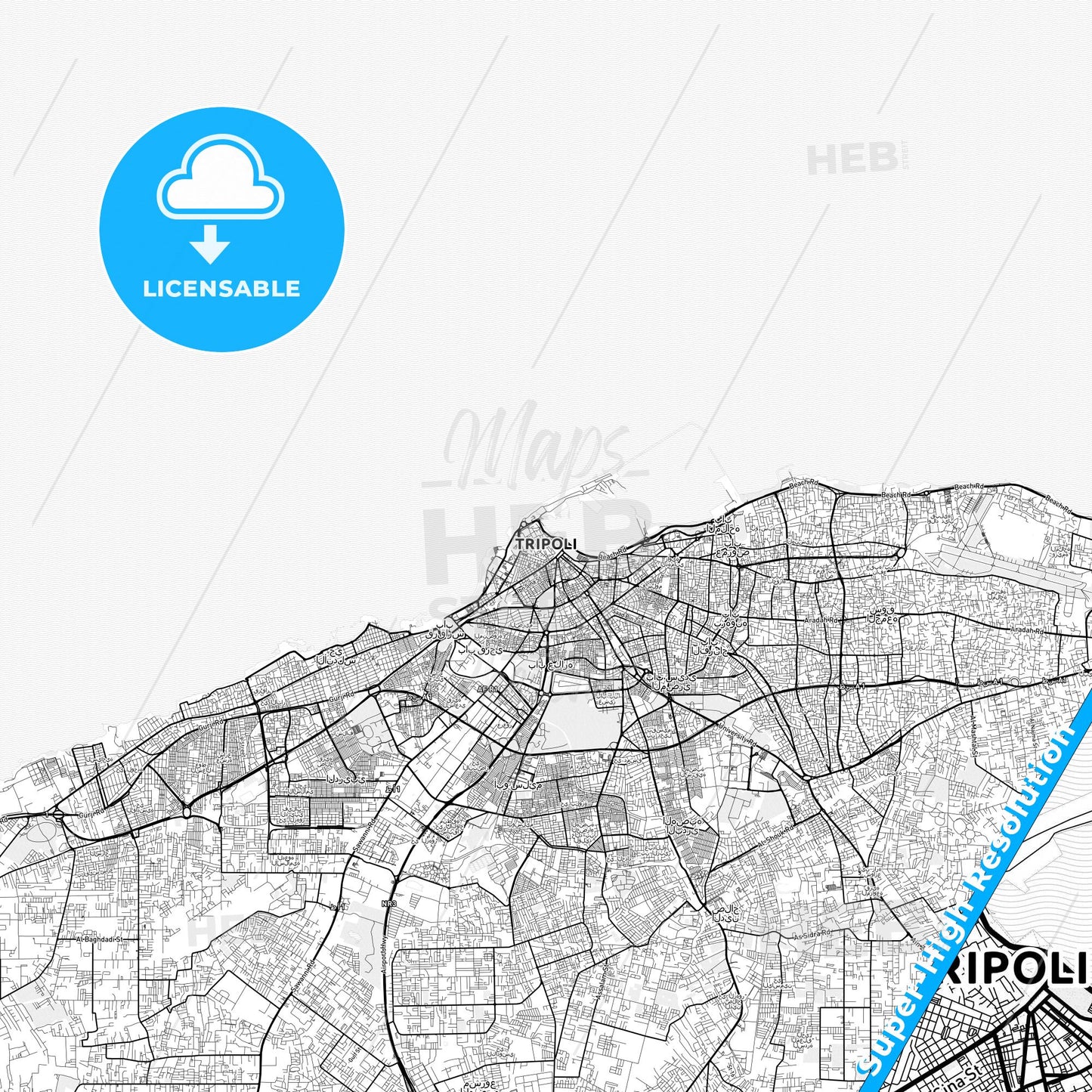 Tripoli, Libya light map with streetnames, citynames and districts