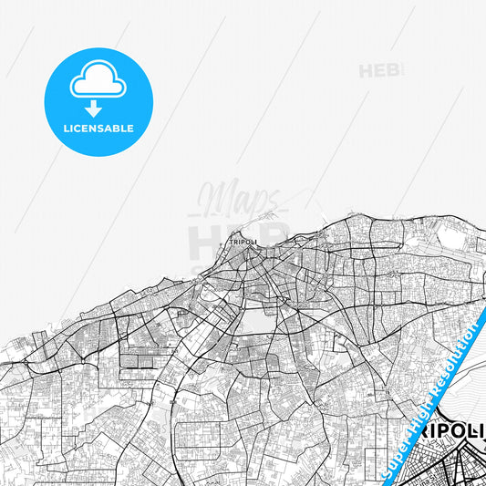 Tripoli, Libya light map with streetnames, citynames and districts