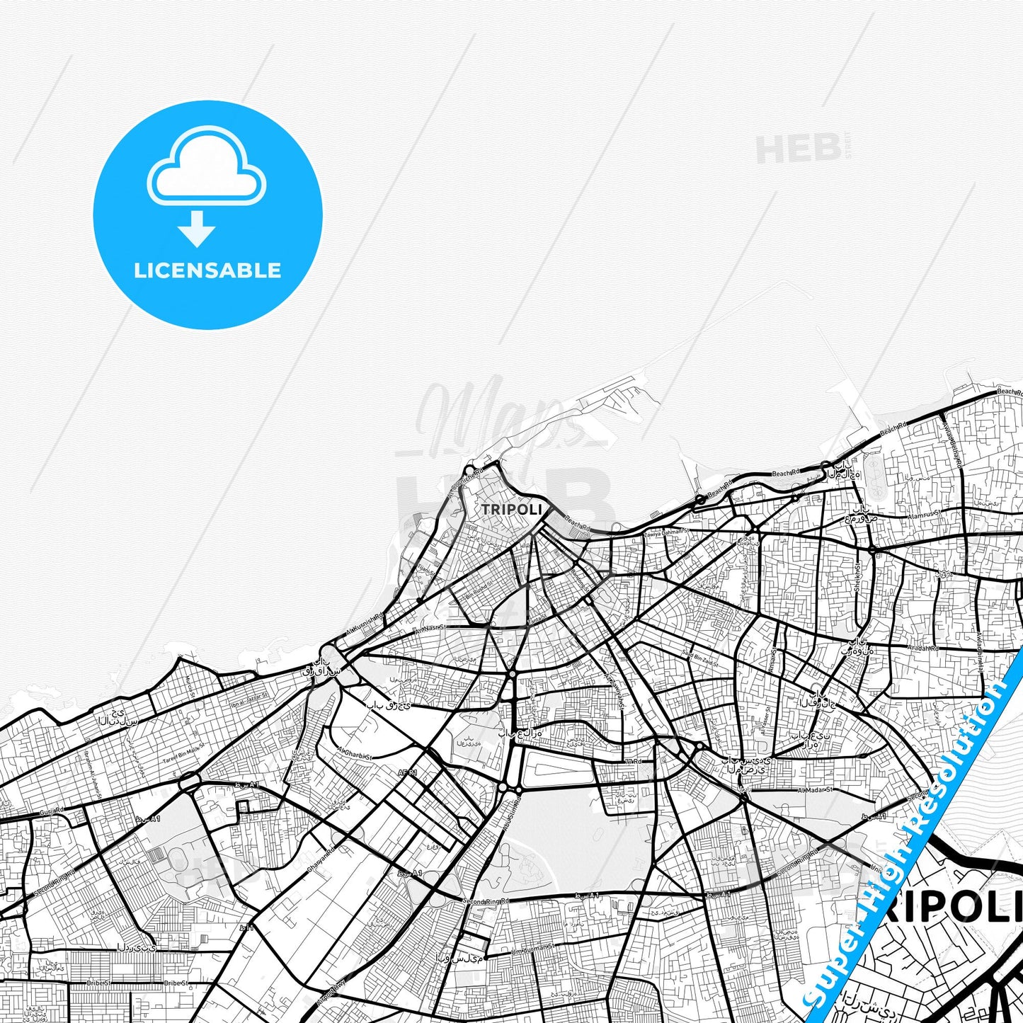 Tripoli, Libya Light Map with Street Names, City Names, and Districts